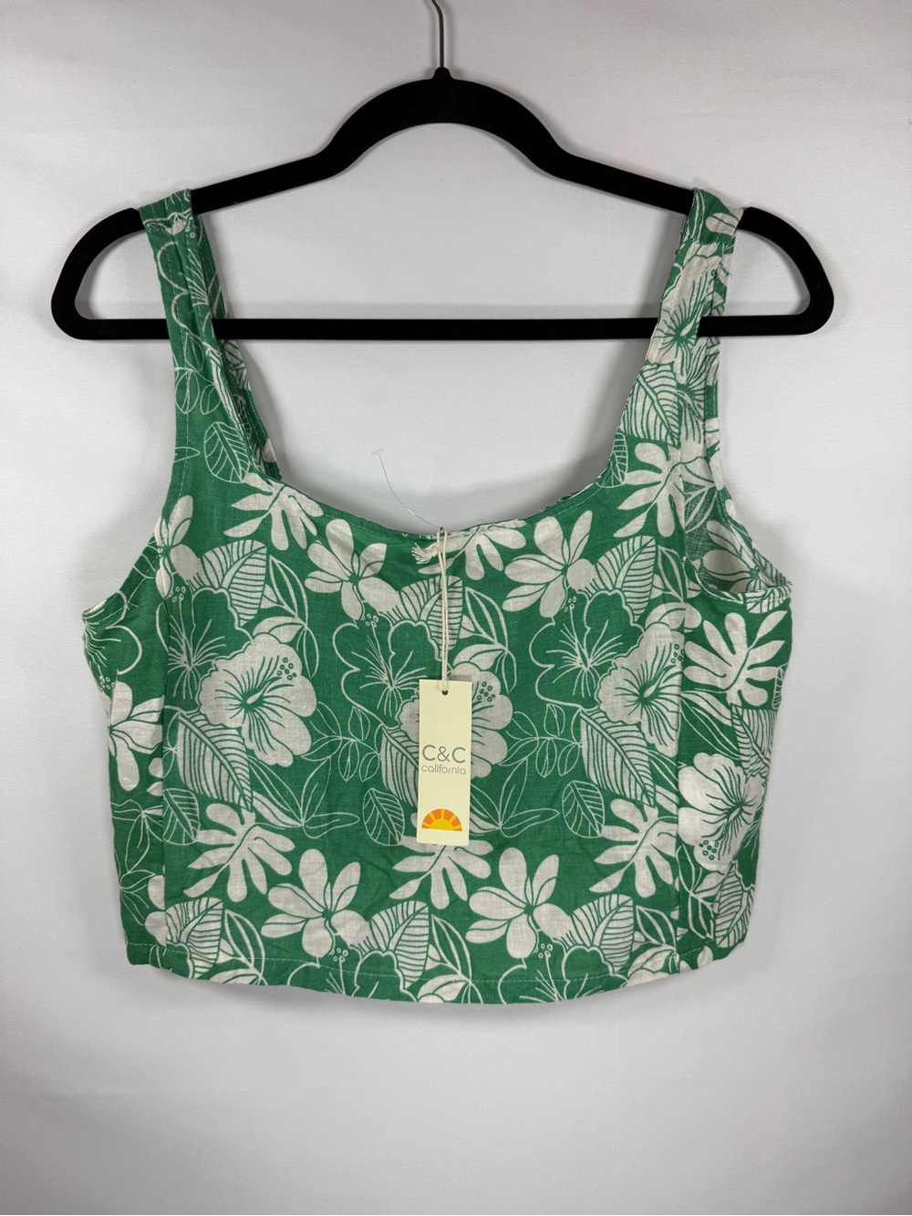 NWT C&C California Linen Blend Smocked Tank Top S Green White Hibiscus Tropical